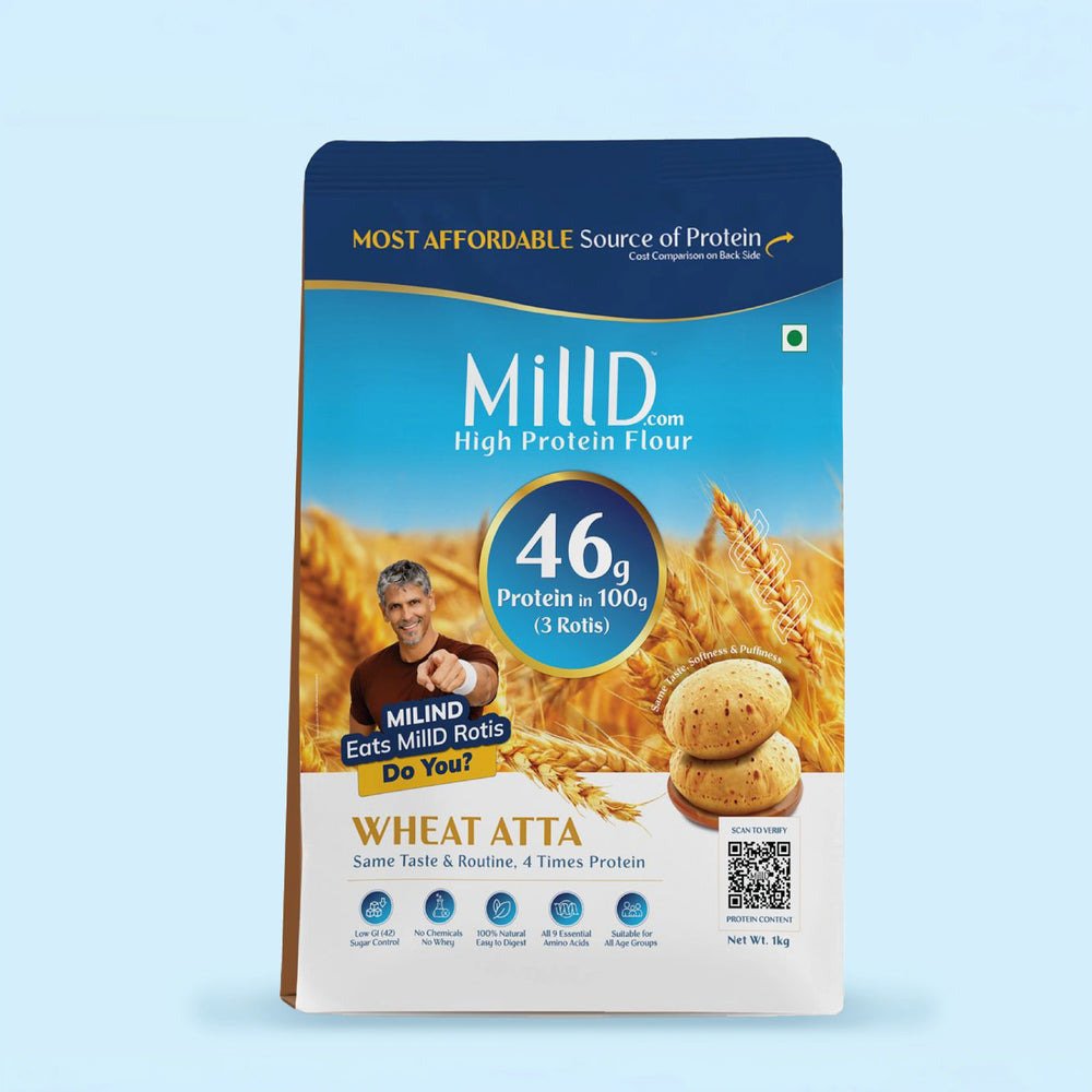 MillD High Protein Atta pouch, navy-to-sky-blue with gold foil arcs, standing against a pale blue background