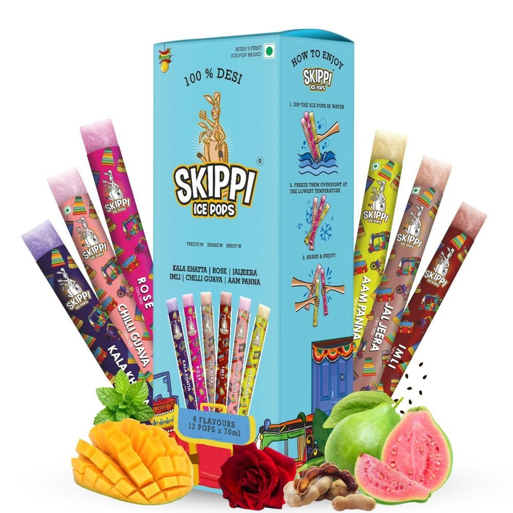 Skippi All Desi Flavour Box of 12 ice pops, showing Kala Khatta, Rose, Jaljeera, Imli, Chilli Guava and Aam Panna packaging