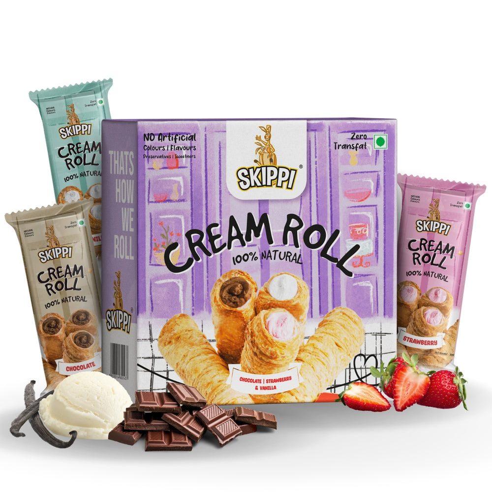 Skippi assorted Cream Rolls box of six, with vanilla, chocolate and strawberry rolls