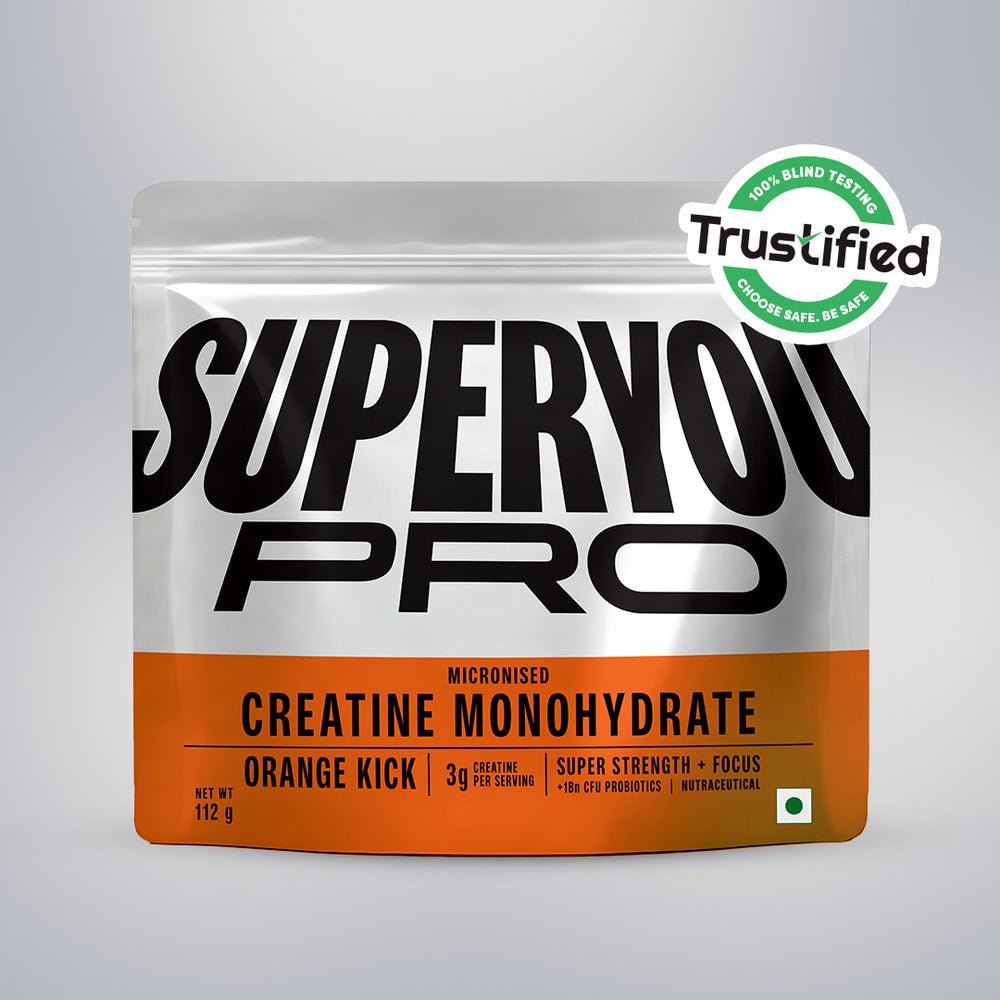 SuperYou PRO micronised Creatine Monohydrate 112 g pouch in Orange Kick with a Trustified badge