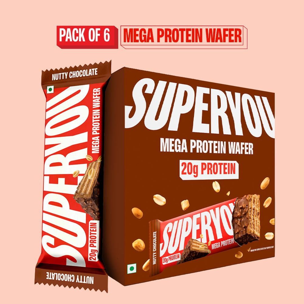 SuperYou 20g Mega Protein Wafer pack of 6 in Nutty Chocolate, with a single wrapped bar standing beside the carton